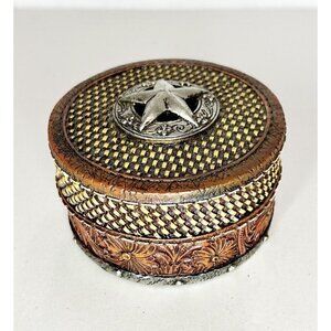 Midwest Seasons Tooled Leather Texture Round Resin Silver Star Trinket Box